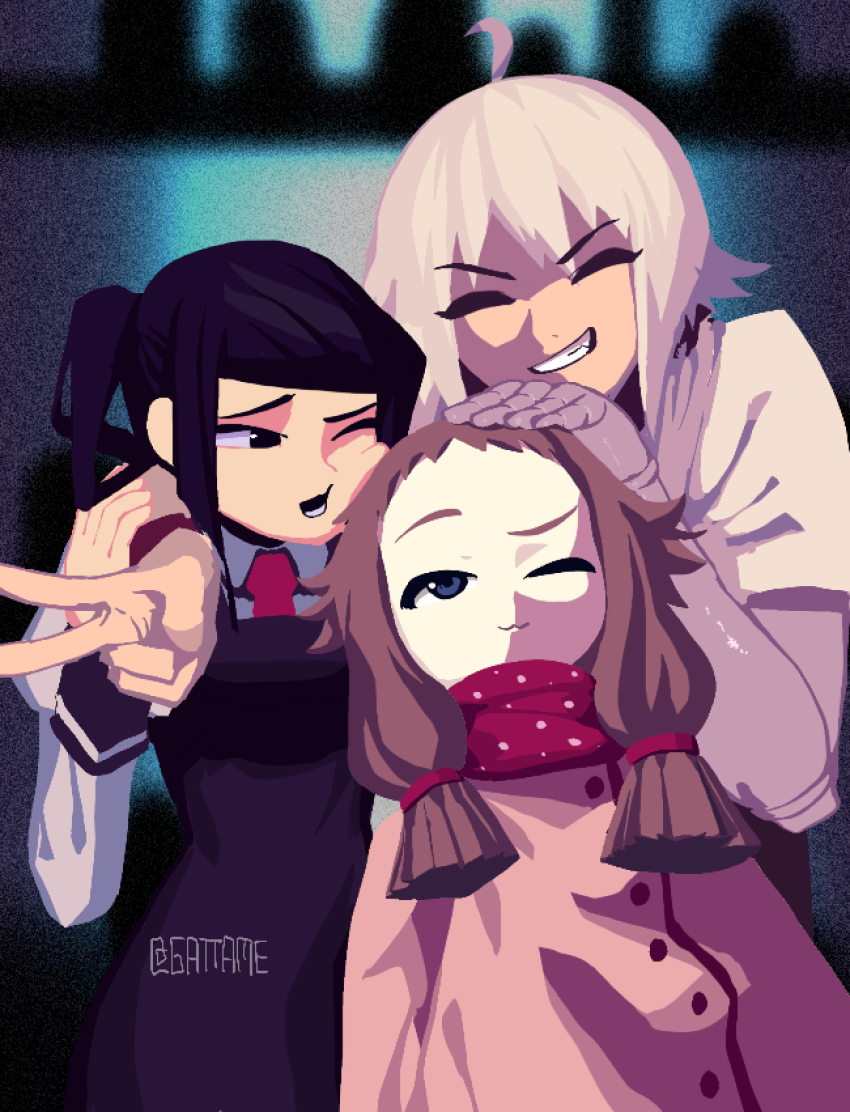 3girls, :3, ahoge, arm_around_shoulder, black_dress, black_eyes, black_hair, blue_eyes