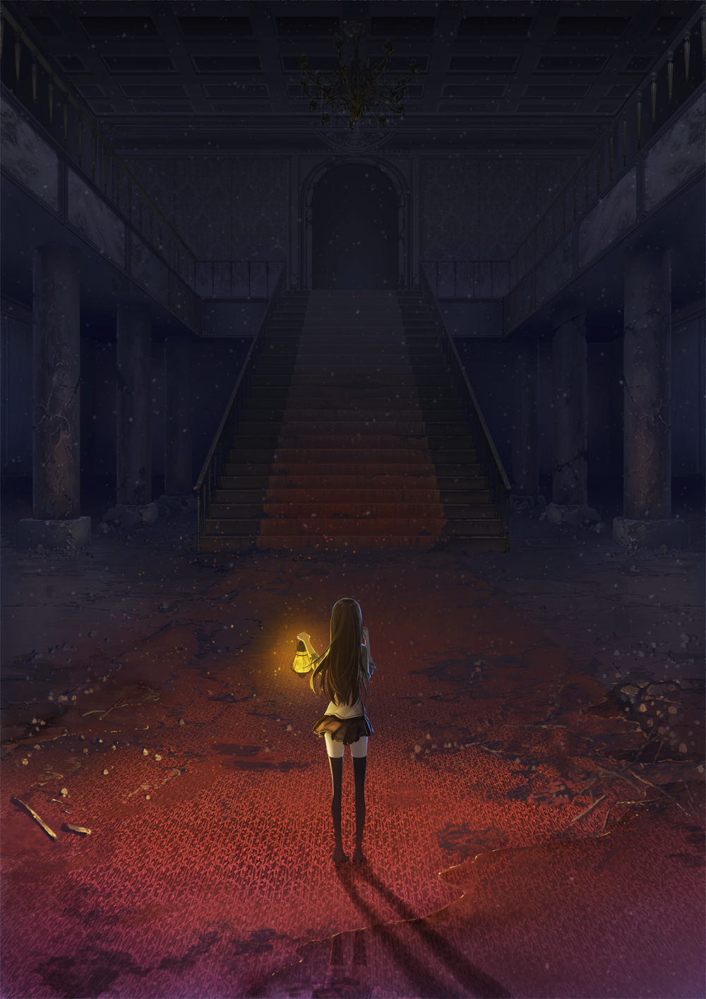 1girl, bad_id, bad_pixiv_id, chandelier, column, dark, female_focus, from_behind