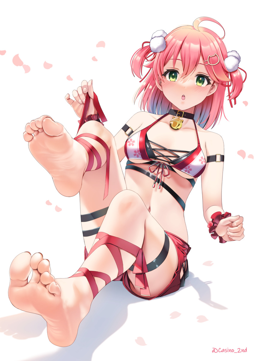 1girl, bare_legs, bare_shoulders, barefoot, bell, bikini, breasts, casino_(casinoep), dress, feet, foot_focus, foreshortening, green_eyes, hair_bell, hair_ornament, highres, hololive, large_breasts, looking_at_viewer, medium_hair, one_side_up, paw_print, paw_print_pattern, pink_hair, presenting_foot, red_dress, sakura_miko, sakura_miko_(work), soles, swimsuit, toes, twintails, virtual_youtuber, x_hair_ornament