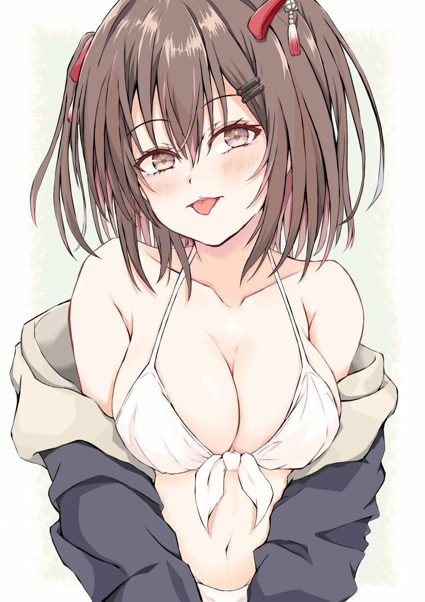 1girl, bikini, black_jacket, breasts, brown_eyes, brown_hair, cleavage, collarbone, commentary_request, dairyo3, front-tie_bikini_top, front-tie_top, highres, jacket, kantai_collection, medium_hair, sendai_(kancolle), simple_background, small_breasts, smile, solo, swimsuit, tongue, tongue_out, two_side_up, upper_body, white_background, white_bikini