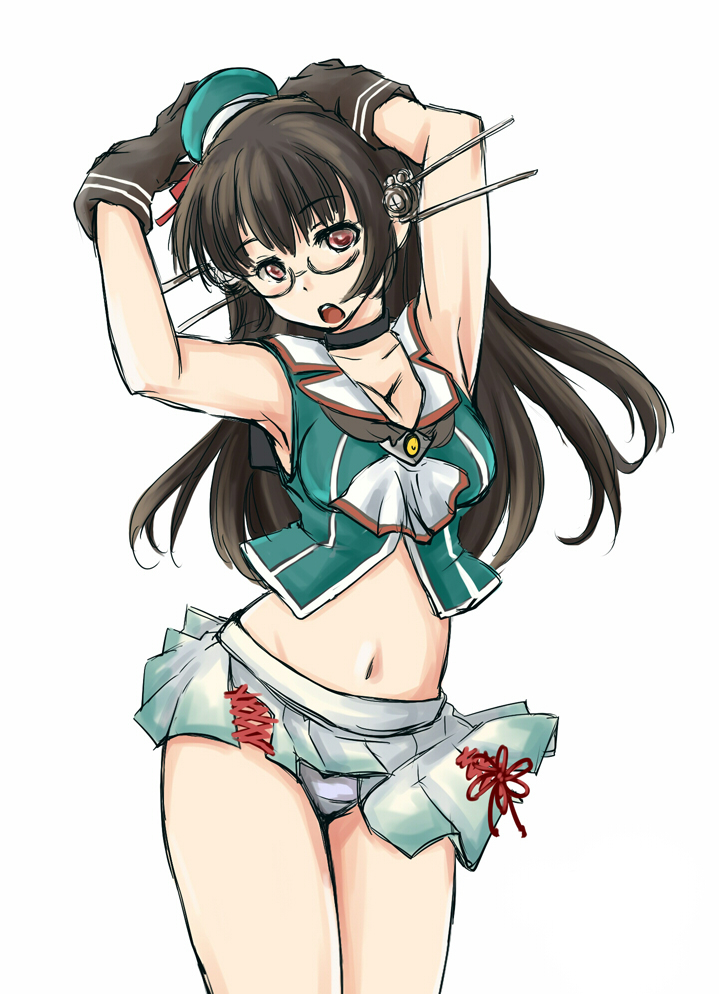 1girl, black_gloves, black_hair, choukai_(kancolle), choukai_kai_ni_(kancolle), commentary_request, cowboy_shot, glasses