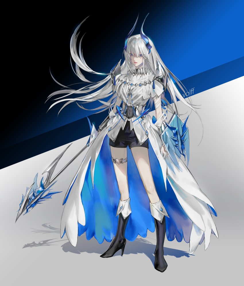 1girl, absurdres, armor, blue_background, blue_eyes, boots, colored_eyelashes, expressionless