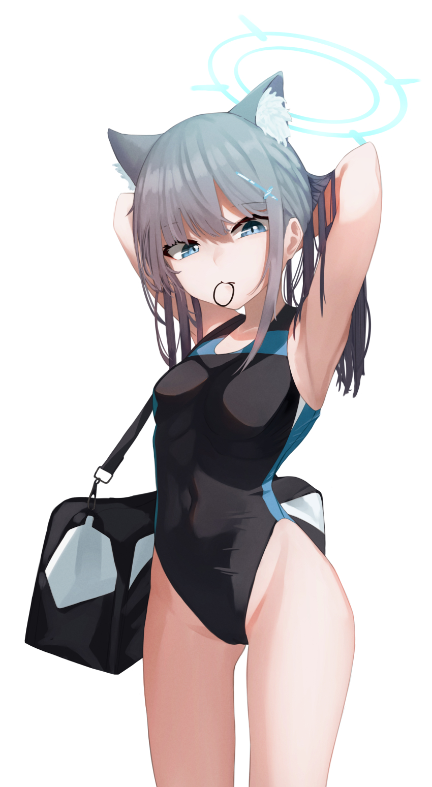 1girl, absurdres, animal_ear_fluff, animal_ears, arms_behind_back, bag, black_one-piece_swimsuit, blue_archive, blue_eyes, breasts, competition_swimsuit, covered_navel, cowboy_shot, cross_hair_ornament, extra_ears, grey_hair, hair_ornament, hair_tie, hair_tie_in_mouth, halo, highres, low_ponytail, medium_breasts, medium_hair, mismatched_pupils, mouth_hold, multicolored_swimsuit, nero_(nero_nyam), one-piece_swimsuit, ponytail, rubber_band, shiroko_(blue_archive), shiroko_(swimsuit)_(blue_archive), simple_background, solo, standing, swimsuit, tying_hair, white_background