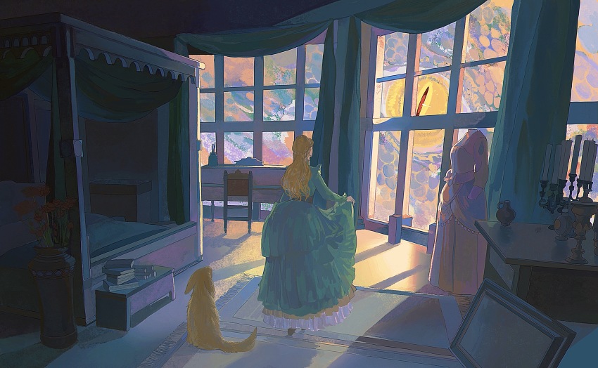 1girl, absurdres, audrey_hall, bed, bedroom, blonde_hair, book, book_stack