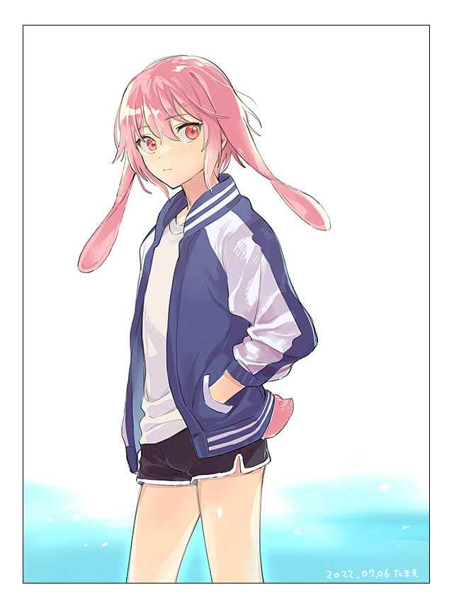 1boy, alternate_costume, animal_ears, ansel_(arknights), arknights, black_shorts, blue_jacket, cowboy_shot, dated, extra_ears, floppy_ears, hair_between_eyes, hands_in_pockets, jacket, looking_at_viewer, lop_rabbit_ears, male_focus, open_clothes, open_jacket, pink_eyes, rabbit_boy, rabbit_ears, shirt, short_hair, short_shorts, shorts, simple_background, solo, trap, white_background, white_shirt, zuncro_gb