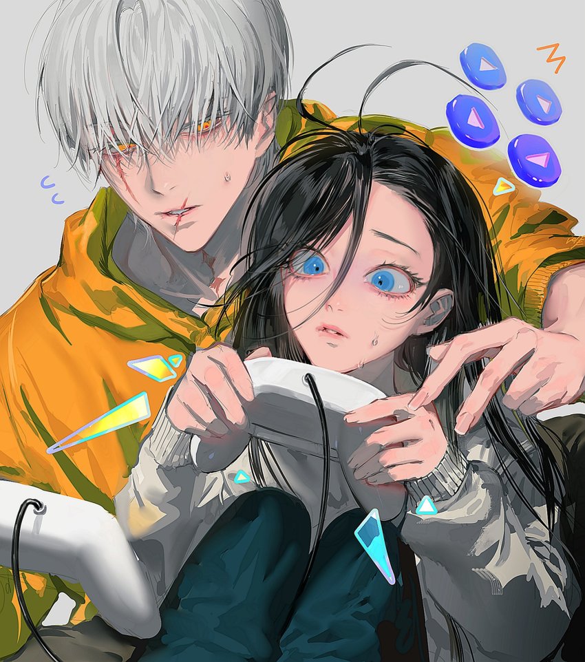 1boy, 1girl, black_hair, blue_eyes, controller, game_controller, grey_background, grey_hair