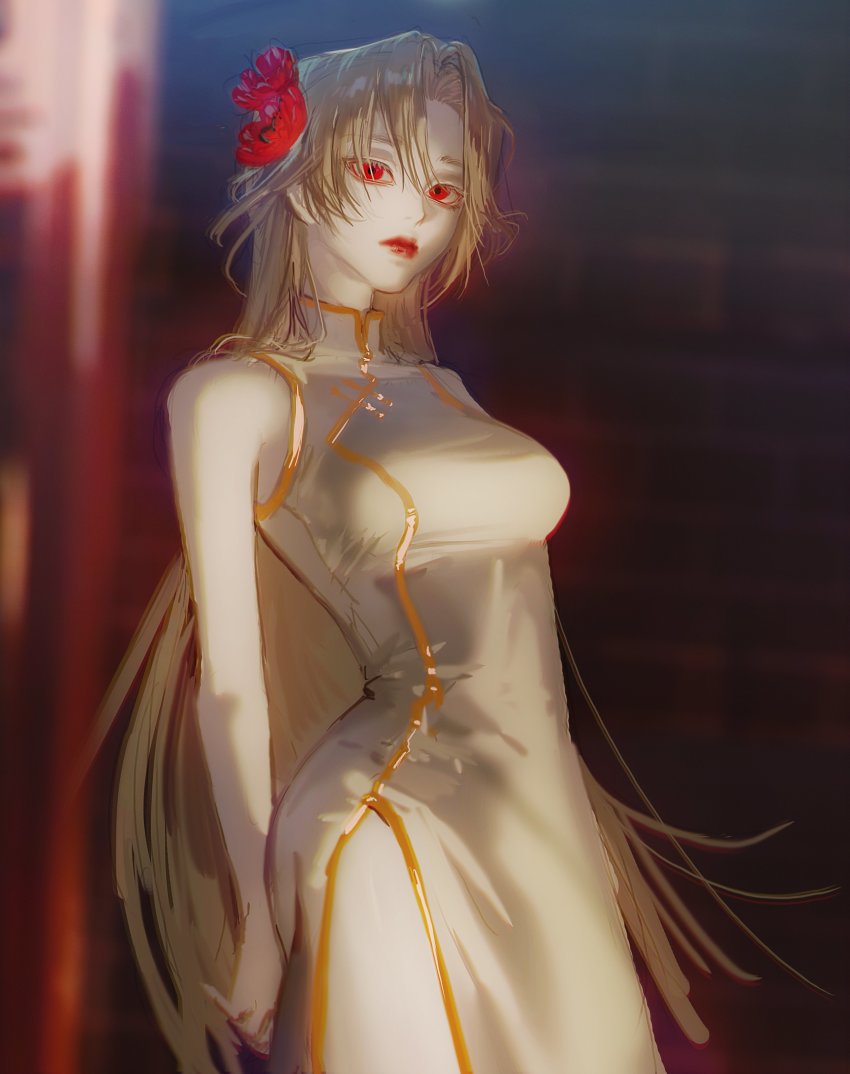 1girl, absurdres, arm_behind_back, blonde_hair, blurry, blurry_background, breasts, china_dress, chinese_clothes, clothing_cutout, cowboy_shot, dress, expressionless, flower, hair_flower, hair_ornament, highres, hip_vent, large_breasts, long_hair, looking_at_viewer, original, pale_skin, red_eyes, red_lips, solo, volff