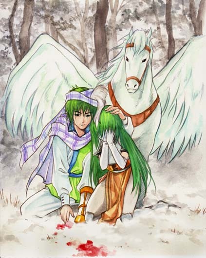 blood, erinys_(fire_emblem), fire_emblem, fire_emblem:_genealogy_of_the_holy_war, green_hair, lewyn_(fire_emblem), long_hair, nintendo