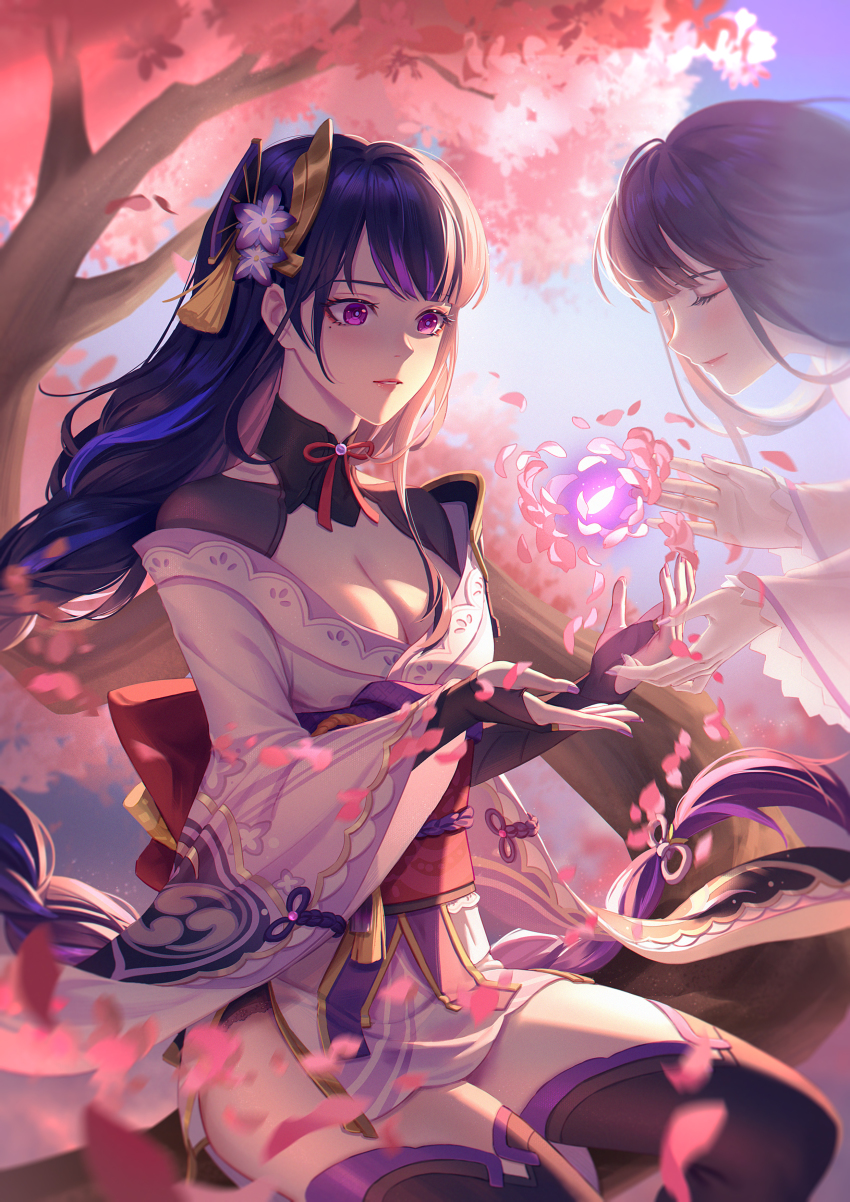 2girls, absurdres, armor, black_thighhighs, blue_sky, bow, braid, breasts