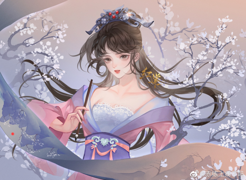 1girl, bare_shoulders, branch, brown_eyes, brown_hair, brush, cha_ye_zi, chi_lian_(qin_shi_ming_yue)