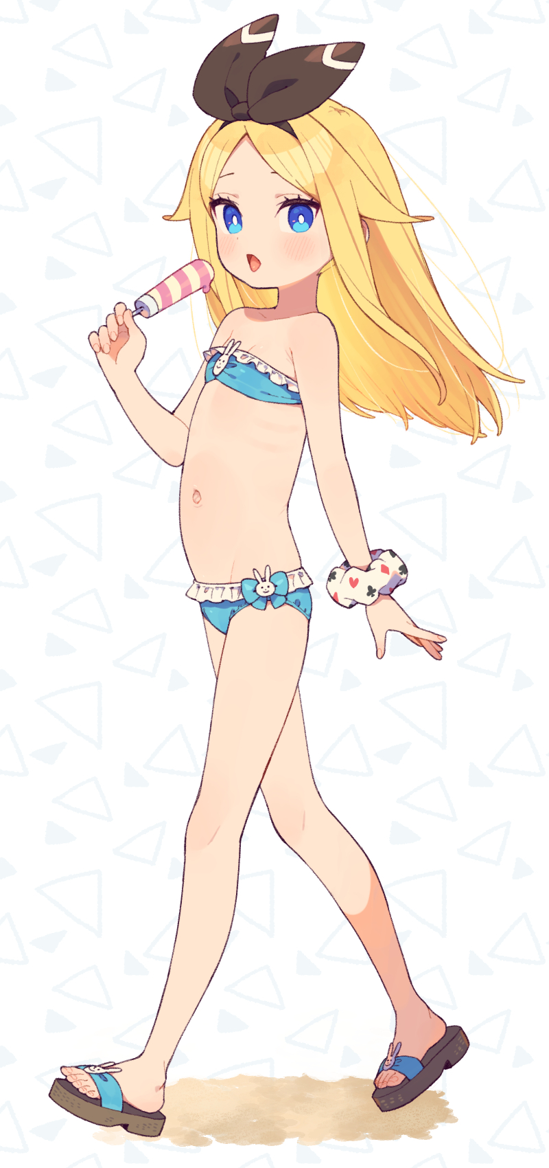 1girl, alice_(moyori), bare_arms, bare_legs, bare_shoulders, bikini, black_ribbon, blonde_hair