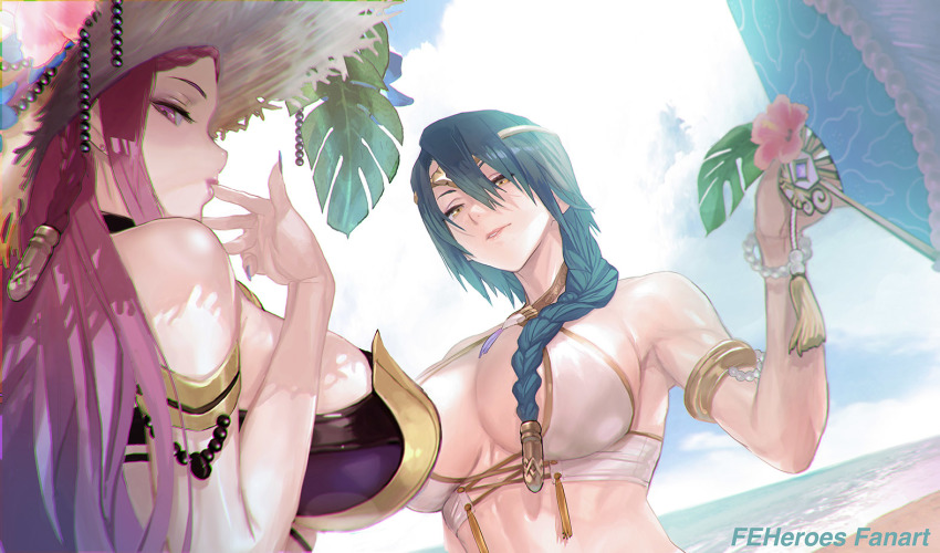 2girls, alternate_costume, bare_shoulders, beach, bikini, bikini_top_only, bracelet, braid, breasts, cleavage, cloud, cloudy_sky, commentary, day, earrings, female_focus, fingernails, fire_emblem, fire_emblem_heroes, flower, gold_trim, green_eyes, green_hair, hair_ornament, hand_fan, hand_up, hat, hibiscus, holding, jewelry, large_breasts, lips, loki_(fire_emblem), loki_(summer)_(fire_emblem), long_hair, looking_at_viewer, looking_back, maeshima_shigeki, matching_hair/eyes, multiple_girls, nail_polish, nintendo, ocean, official_alternate_costume, outdoors, parted_lips, purple_eyes, purple_hair, simple_background, single_braid, sky, swimsuit, thorr_(fire_emblem), thorr_(summer)_(fire_emblem), tiara, upper_body, water, white_bikini