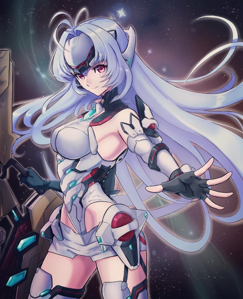 1girl, android, breasts, fingerless_gloves, forehead_protector, gloves, glowing_crystal, highres