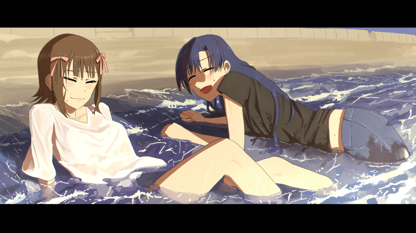 2girls, amami_haruka, beach, black_shirt, blue_hair, blush, breasts, brown_hair