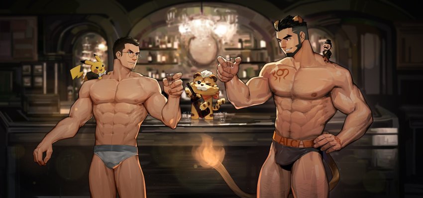 2boys, abs, alca_(wakatanka4), animal, animal_ears, bar_(place), bara, beard, black_male_underwear, briefs, bulge, cup, doll, facial_hair, gen_1_pokemon, glasses, grey_male_underwear, gyee, highres, holding, holding_cup, large_pectorals, lion_boy, lion_ears, lion_tail, looking_at_another, male_focus, male_underwear, multiple_boys, muscular, muscular_male, navel, nintendo, nipples, original, pectorals, peterhl, pikachu, pokemon, pokemon_(creature), short_hair, smile, tail, teeth, tiger, topless_male, undercut, underwear