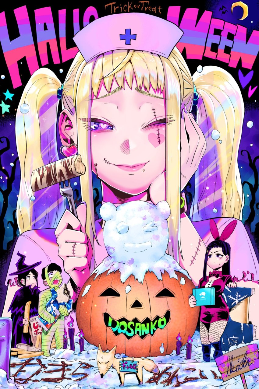 1boy, 3girls, akino_sayuri, animal_ears, black_headwear, breasts, chibi, dosanko_gal_wa_namaramenkoi