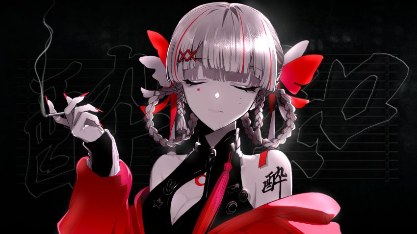 1girl, black_sweater, breasts, cigarette, cleavage, closed_eyes, dear:_(utaite), grey_hair, grey_ribbon, hair_ribbon, halterneck, highres, holding, holding_cigarette, indie_utaite, jacket, medium_breasts, off_shoulder, original, portrait, red_eyes, red_jacket, red_ribbon, ribbed_sweater, ribbon, smoke, solo, sweater, utaite, vocaloid, xoco, yoidore_shirazu_(vocaloid)