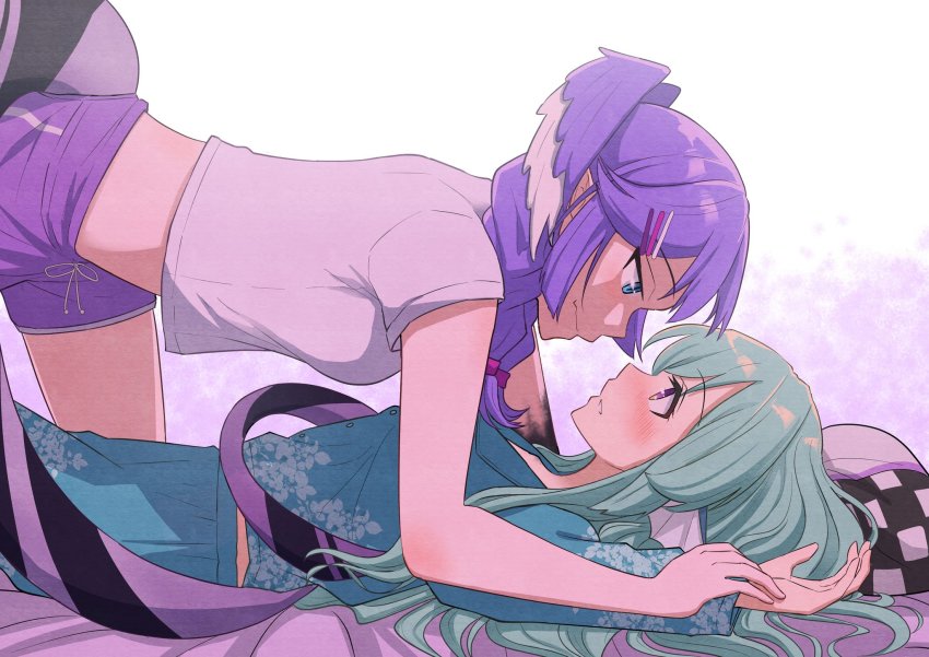 2girls, aaaaaaaaaaaaa_(b1gpp3n3rgy), ahoge, blue_eyes, braid, breasts, dolphin_shorts, dragon_girl