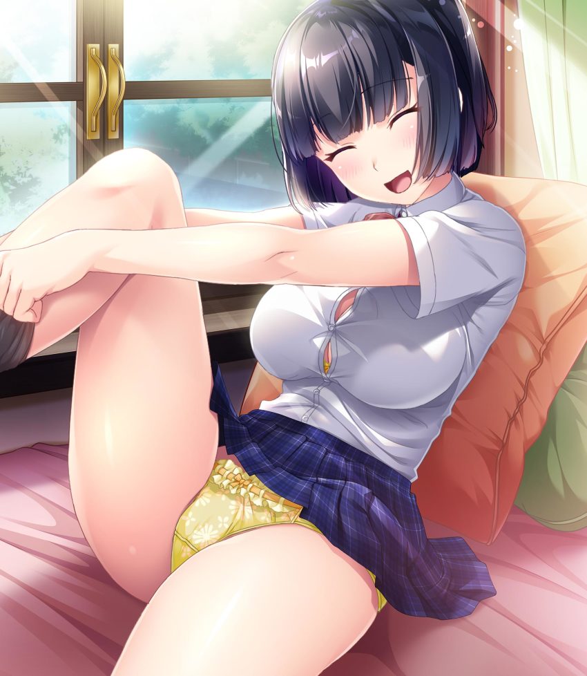 1girl, :d, black_hair, blunt_bangs, bob_cut, bra, breasts, bursting_breasts