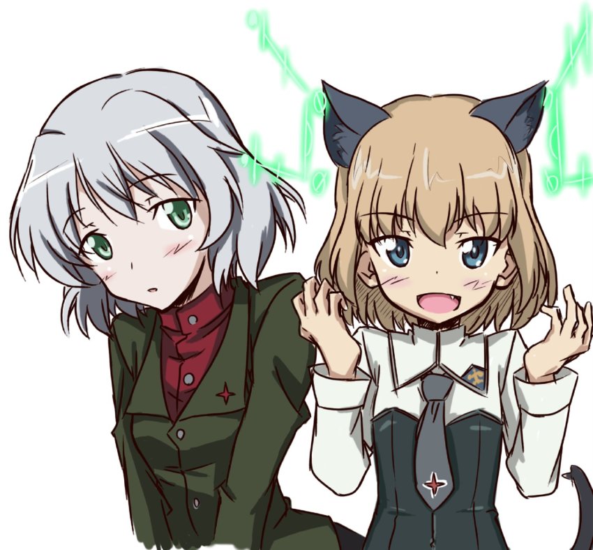 2girls, animal_ear_fluff, animal_ears, asagi501, blonde_hair, blue_eyes, blush, cat_ears, cat_tail, cosplay, cowboy_shot, emblem, fang, girls_und_panzer, green_eyes, grey_hair, grey_necktie, highres, hirschgeweih_antennas, katyusha_(girls_und_panzer), katyusha_(girls_und_panzer)_(cosplay), looking_at_viewer, medium_hair, military, military_uniform, multiple_girls, necktie, open_mouth, pravda_(emblem), pravda_school_uniform, red_shirt, sanya_v._litvyak, sanya_v._litvyak_(cosplay), school_uniform, shirt, smile, strike_witches, tail, v_arms, world_witches_series