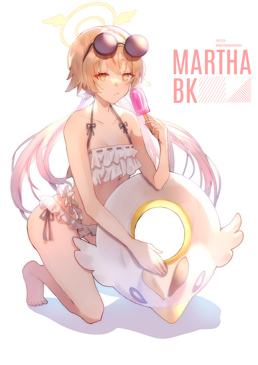 1girl, absurdres, artist_name, bikini, blue_archive, eyewear_on_head, food, frilled_bikini