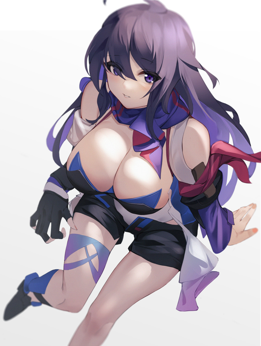 1girl, absurdres, ahoge, alternate_breast_size, bare_shoulders, black_boots, black_shorts, boots, breasts, cleavage, fingerless_gloves, fingernails, gloves, highres, honkai:_star_rail, honkai_(series), invisible_chair, katachi_noboru_nishikino, large_breasts, long_hair, looking_at_viewer, open_mouth, purple_eyes, purple_hair, seele_(honkai:_star_rail), shorts, simple_background, single_glove, sitting, solo, white_background
