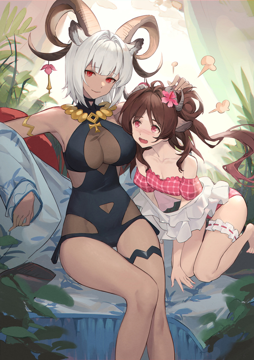 2girls, animal_ears, arknights, bikini, black_one-piece_swimsuit, blue_jacket, blush, breasts, bridal_gauntlets, brown_hair, carnelian_(arknights), carnelian_(shimmering_dew)_(arknights), casual_one-piece_swimsuit, cleavage, cleavage_cutout, clothing_cutout, dark-skinned_female, dark_skin, eyjafjalla_(arknights), eyjafjalla_(summer_flower)_(arknights), flower, goat_ears, goat_girl, goat_horns, hair_flower, hair_ornament, hand_on_another's_head, haocong33, highres, horns, jacket, jewelry, kneeling, large_breasts, long_hair, looking_at_another, looking_at_viewer, multiple_girls, navel_cutout, necklace, off-shoulder_bikini, off_shoulder, official_alternate_costume, one-piece_swimsuit, open_clothes, open_jacket, open_mouth, pink_bikini, pink_eyes, pink_flower, red_eyes, sheep_ears, sheep_girl, sheep_horns, shirt, short_hair, sitting, small_breasts, smile, swimsuit, thigh_gap, thigh_strap, white_hair, white_shirt