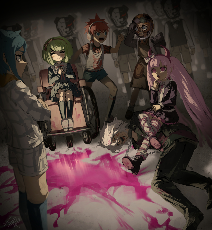 2girls, 4boys, 6+others, absurdres, black_dress, black_jacket, black_pants, black_skirt