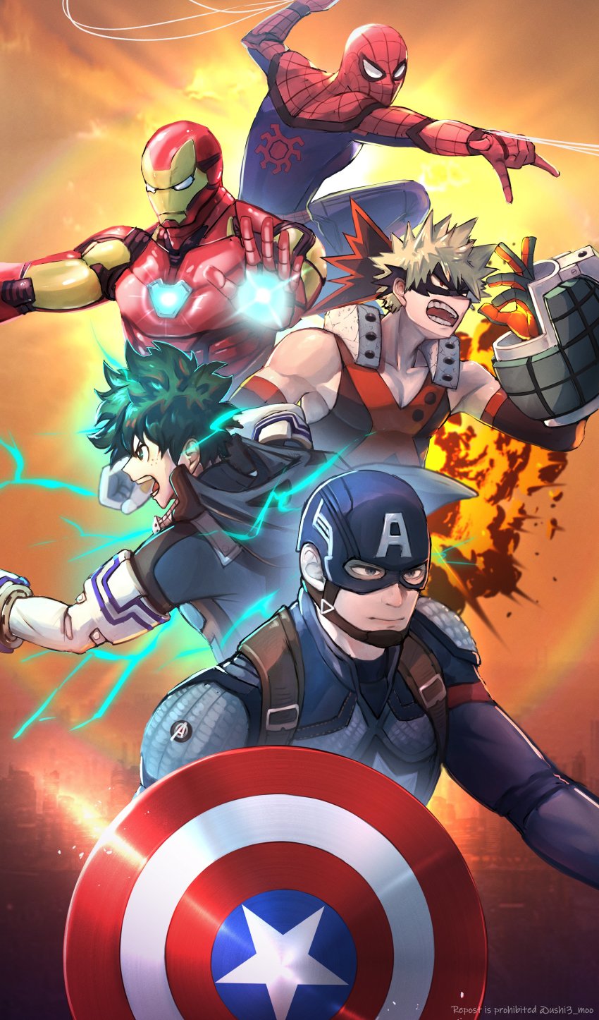 5boys, absurdres, animal_print, avengers_(series), bakugou_katsuki, bare_shoulders, bodysuit, boku_no_hero_academia