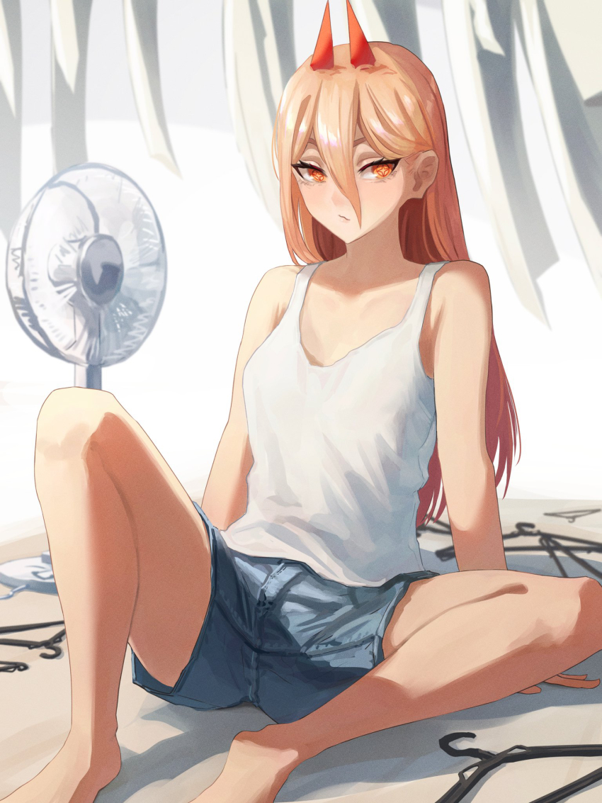 1girl, ao_desu2222, bare_arms, bare_legs, barefoot, blonde_hair, chainsaw_man, closed_mouth, collarbone, cross-shaped_pupils, flat_chest, grey_shorts, hair_between_eyes, highres, horns, leaning_back, long_hair, looking_at_viewer, power_(chainsaw_man), short_shorts, shorts, sitting, sleeveless, solo, straight_hair, symbol-shaped_pupils, tank_top, very_long_hair, white_tank_top