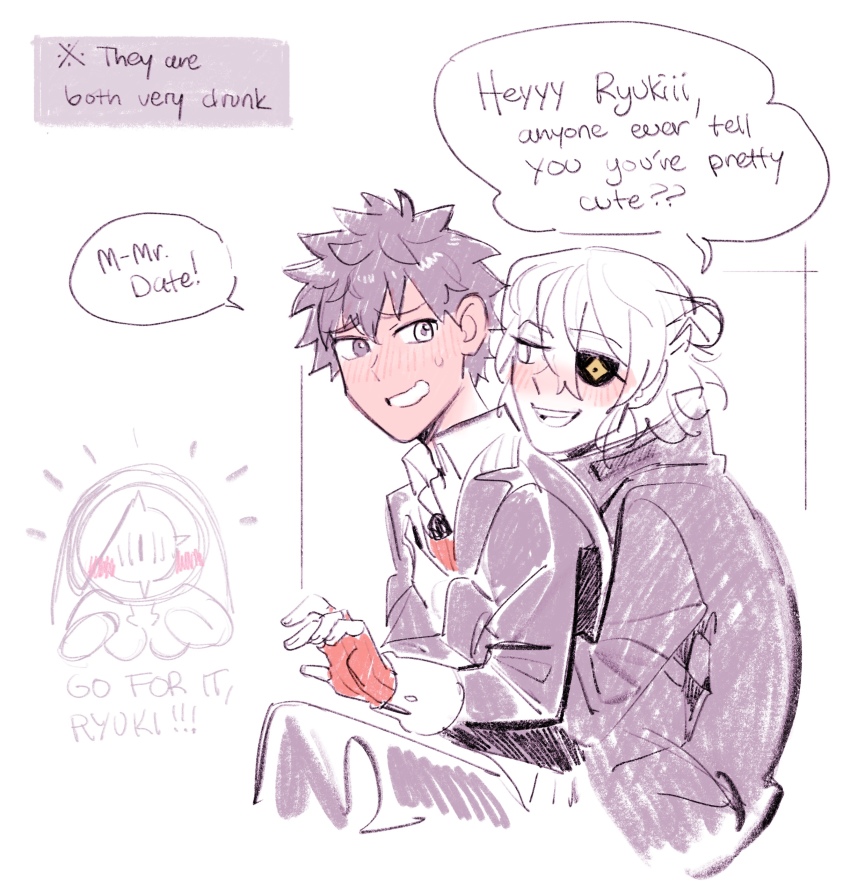 1girl, 2boys, absurdres, ai_the_somnium_files, ai_the_somnium_files:_nirvana_initiative, ange_(angeban93), black_hair, blush, collared_shirt, commentary, date_kaname, english_commentary, english_text, eyepatch, fingerless_gloves, full-face_blush, gloves, hair_bun, heterochromia, highres, hug, hug_from_behind, long_sleeves, looking_at_another, male_focus, medium_hair, messy_hair, multiple_boys, necktie, partially_colored, ryuki_kuruto, shirt, short_hair, simple_background, single_hair_bun, sitting, smile, sweat, tama_(ai_the_somnium_files), white_background, yaoi