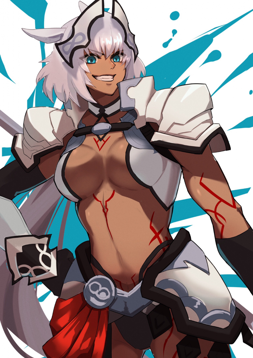 1girl, blue_eyes, caenis_(fate), caenis_(second_ascension)_(fate), dark-skinned_female, dark_skin, fate/grand_order, fate_(series), hand_on_own_hip, haruakira, highres, revealing_clothes, simple_background, smile, solo, white_hair