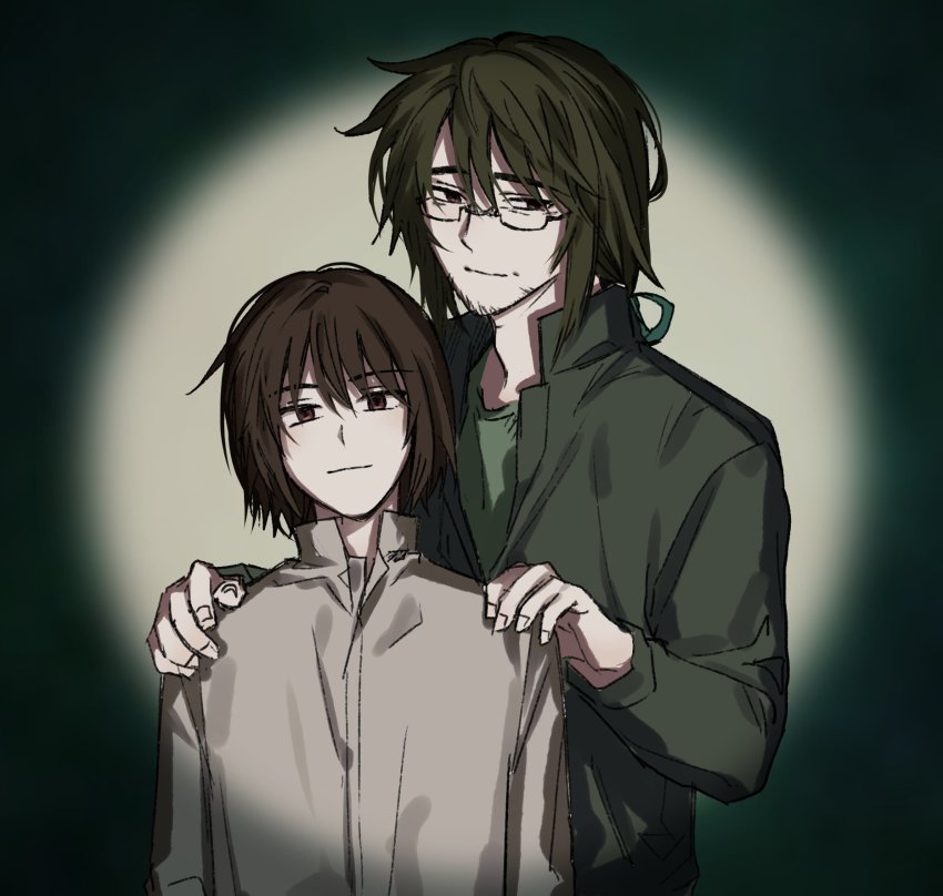 2boys, brown_hair, closed_mouth, commentary_request, dark_green_hair, facial_hair, father_and_child, father_and_son