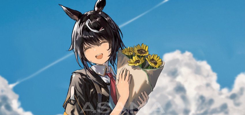 1girl, animal_ears, artist_name, asama_(drift_in), black_hair, black_jacket, blurry, blurry_foreground, blush, bouquet, closed_eyes, cloud, collared_shirt, contrail, contrail_(racehorse), flower, hair_ornament, hairclip, highres, holding, holding_bouquet, horse_ears, jacket, medium_hair, multicolored_hair, necktie, open_mouth, original, outdoors, red_necktie, shirt, smile, solo, streaked_hair, sunflower, tearing_up, tears, umamusume, upper_body, watermark, white_shirt