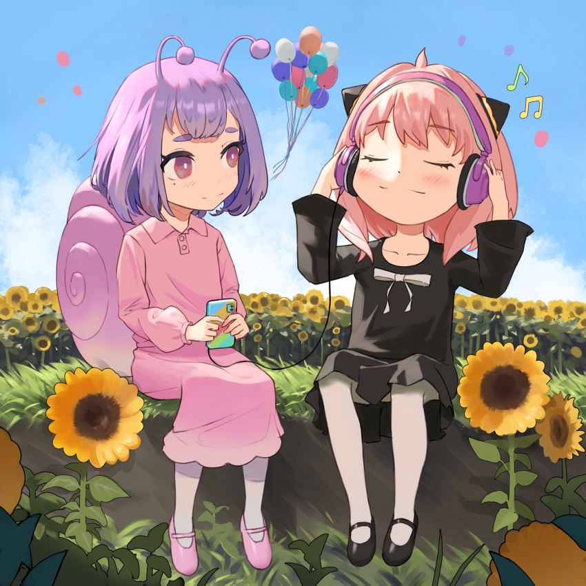2girls, anya_(spy_x_family), balloon, big_head, black_dress, child, closed_eyes, crossover, dress, field, flower, flower_field, hairpods, headphones, highres, mary_janes, multiple_girls, musical_note, outdoors, pantyhose, phone, pink_dress, pink_hair, purple_hair, shoes, snail_girl, snail_shell, snailchan, snail's_house, spy_x_family, sunflower, sunflower_field, teasmacker