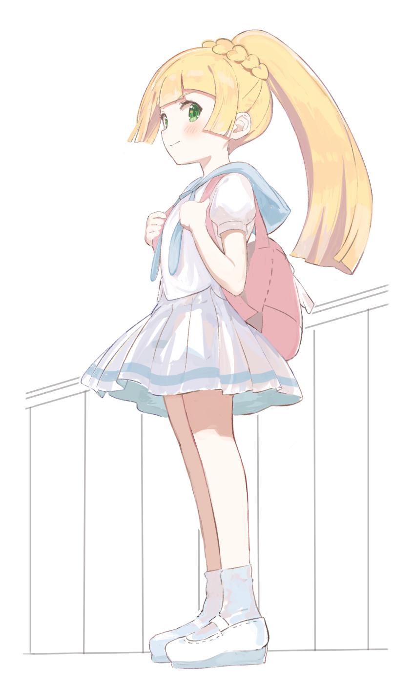 1girl, absurdres, backpack, bag, blonde_hair, blush, braid, full_body