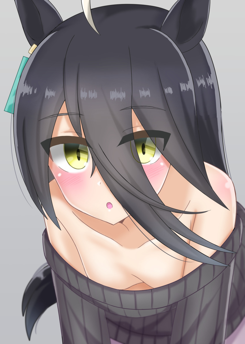 1girl, absurdres, ahoge, animal_ears, bare_shoulders, black_hair, blush, breasts