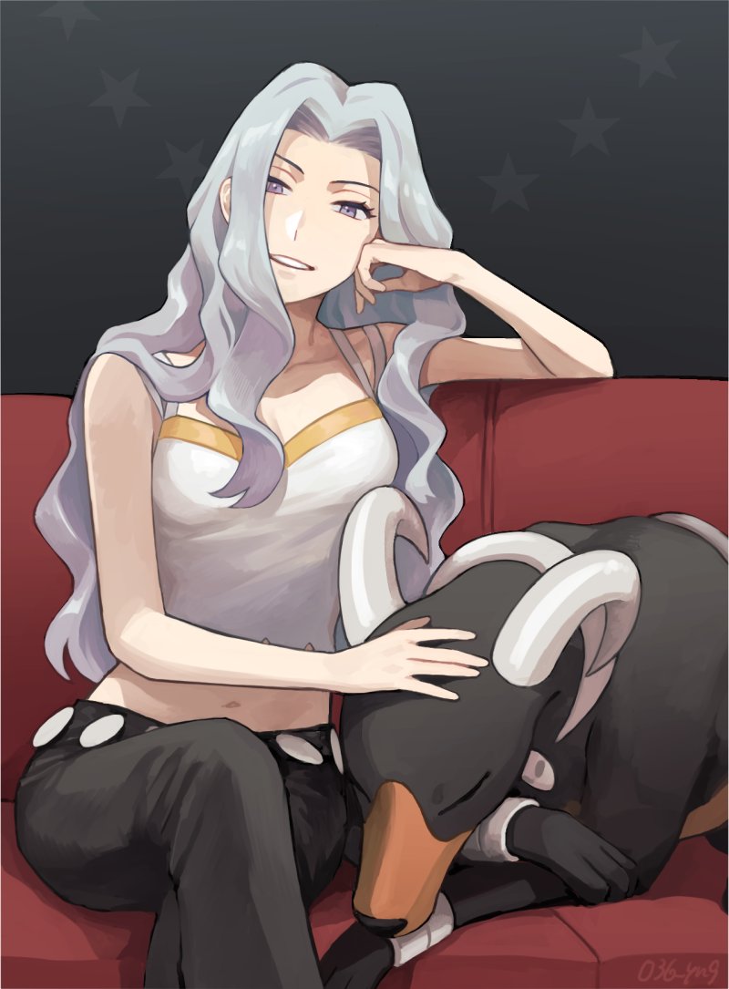 1girl, alternate_color, black_pants, blue_hair, breasts, cleavage, collarbone, couch, gen_2_pokemon, horns, houndoom, karen_(pokemon), looking_at_viewer, midriff, navel, nintendo, on_couch, pants, pokemon, pokemon_(creature), pokemon_masters_ex, shirt, sitting, sleeveless, sleeveless_shirt, smile, star_(symbol), teeth, y_(nekoyanagi)