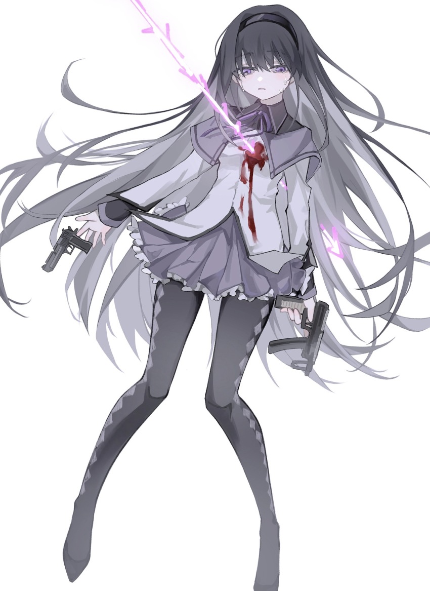 1girl, akemi_homura, akemi_homura_(magical_girl), argyle_clothes, argyle_pantyhose, arrow_(projectile), arrow_through_heart, black_footwear, black_hair, black_hairband, black_pantyhose, bleeding, blood, blood_on_clothes, commentary, crying, crying_with_eyes_open, dropping, english_commentary, floating_hair, foot_out_of_frame, frilled_skirt, frills, frown, glowing_arrow, gun, hairband, highres, holding, holding_gun, holding_weapon, impaled, injury, jacket, legs_apart, long_hair, long_sleeves, looking_down, mahou_shoujo_madoka_magica, mahou_shoujo_madoka_magica_(anime), neck_ribbon, nekoredo, pantyhose, parted_lips, purple_eyes, purple_skirt, ribbon, simple_background, skirt, solo, straight_hair, tears, very_long_hair, weapon, white_background, white_jacket