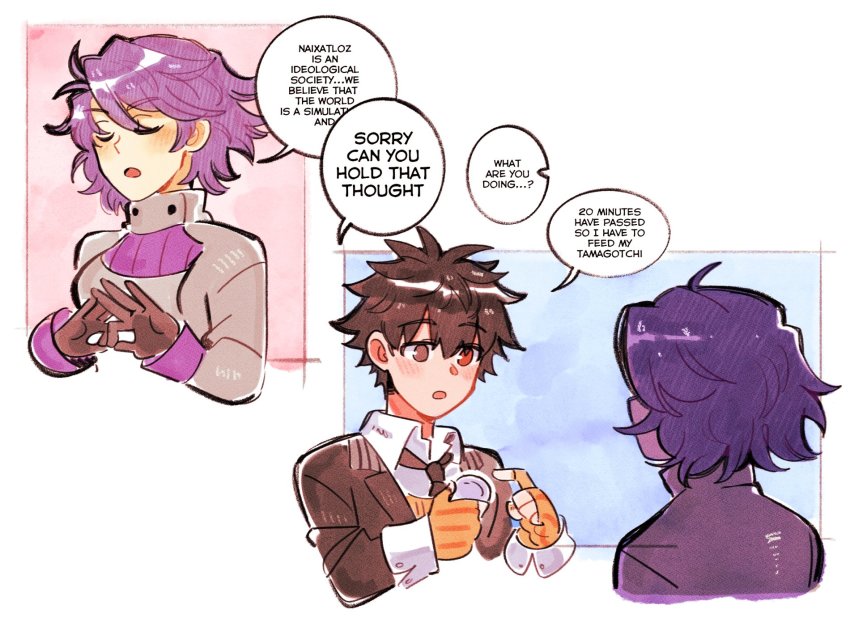 1boy, 1girl, :o, ai_the_somnium_files, ai_the_somnium_files:_nirvana_initiative, ange_(angeban93), black_gloves, black_hair, black_necktie, closed_eyes, collared_shirt, commentary, english_commentary, english_text, eyes_visible_through_hair, fingerless_gloves, formal_clothes, gloves, hair_between_eyes, heterochromia, highres, holding, long_sleeves, necktie, open_mouth, orange_gloves, pointing, purple_hair, ryuki_kuruto, shigure_tokiko, shirt, short_hair, speech_bubble, suit, tamagotchi, tamagotchi_(virtual_pet), upper_body, virtual_pet_(toy), white_shirt