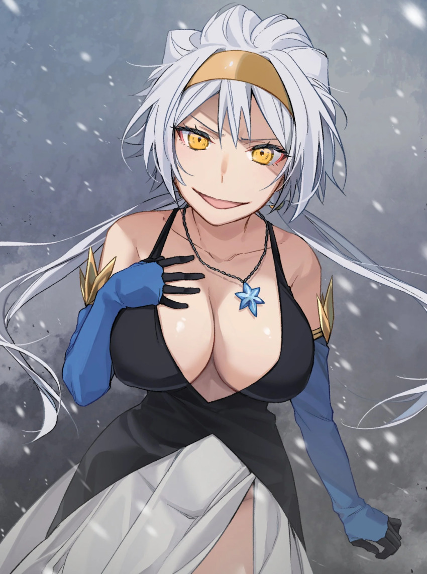 1girl, absurdres, black_and_white_dress, black_thighhighs, blue_gloves, breasts, cleavage, gloves, highres, jewelry, large_breasts, long_glove, long_hair, necklace, ribbon, shiny_skin, smile, snow, solo, tensei_shitara_slime_datta_ken, thighhighs, thighs, velzard, velzard_(tensura), white_hair, yellow_eyes, yellow_ribbon