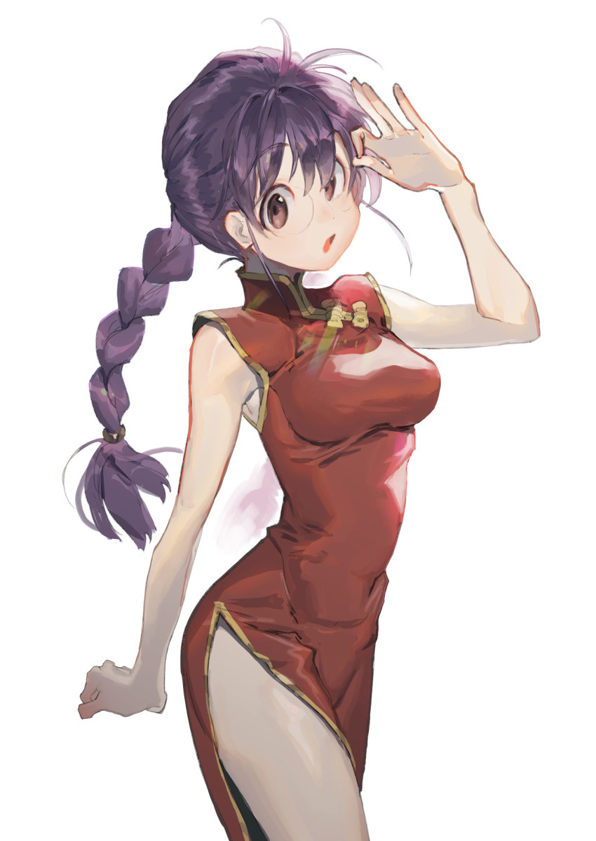 1girl, adjusting_eyewear, bare_arms, braid, breasts, china_dress, chinese_clothes, covered_navel