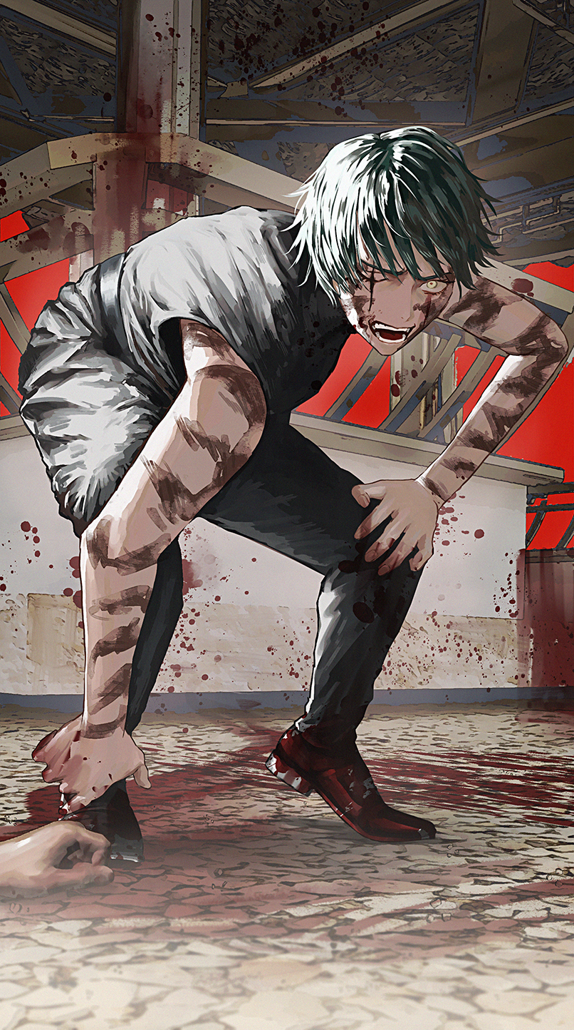 1girl, blood, burn_scar, green_hair, highres, jujutsu_kaisen, scar, shirt