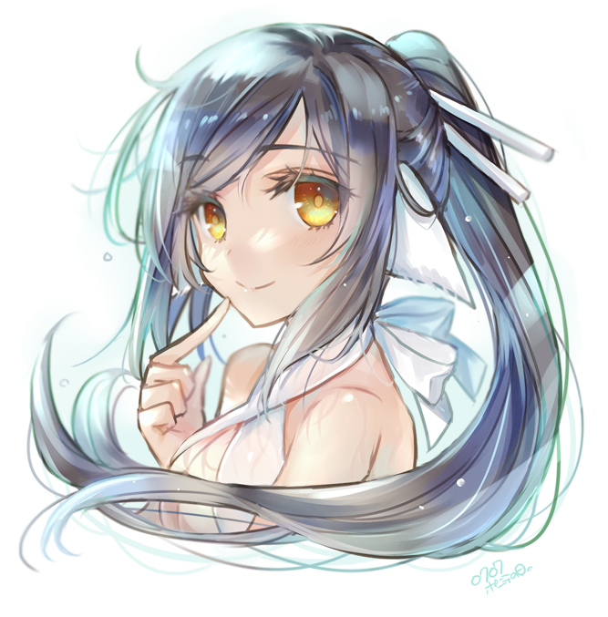 1girl, animal_ears, aquaplus, backless_outfit, bare_arms, bare_shoulders, bikini, black_hair