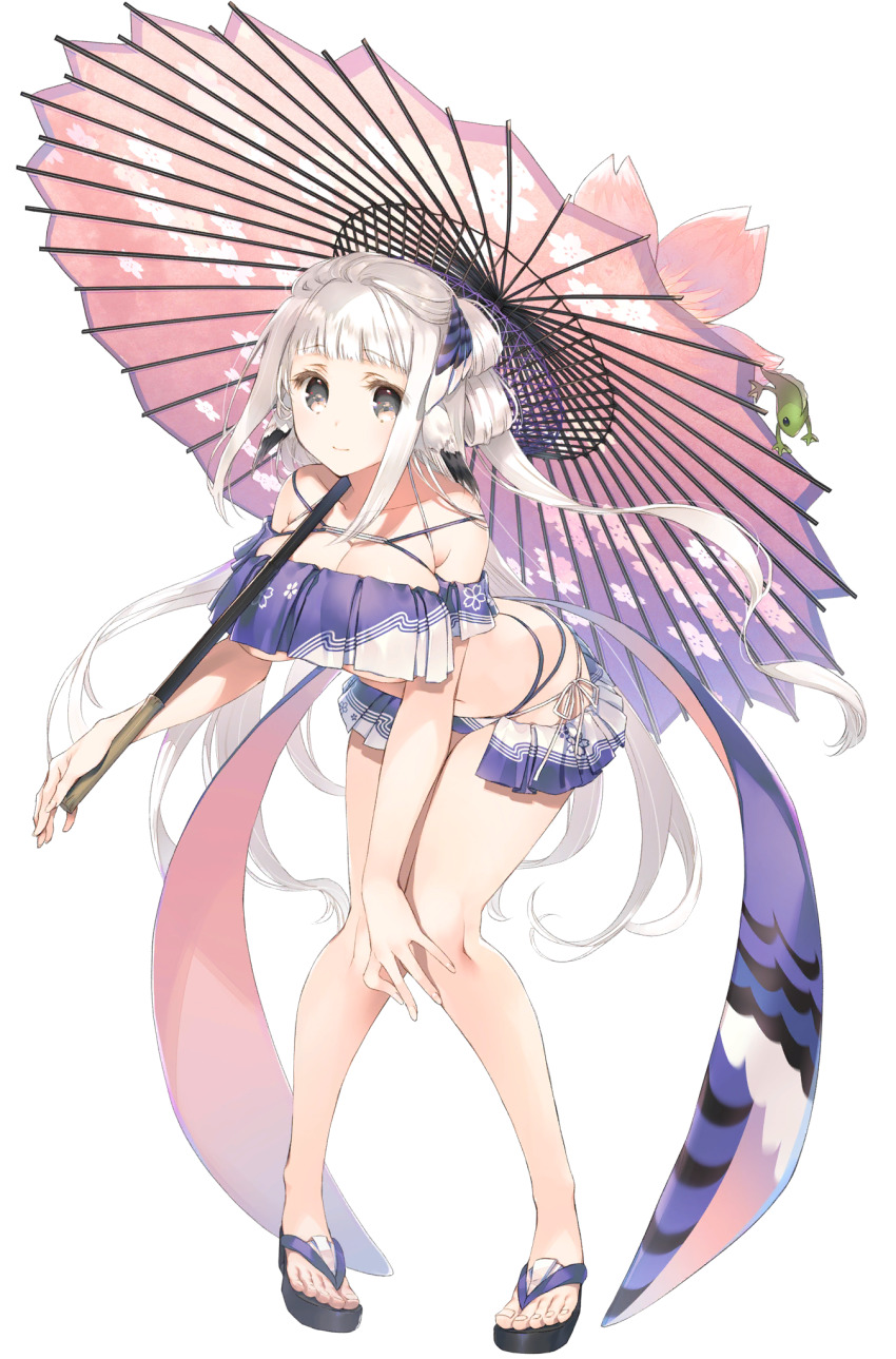 1girl, absurdly_long_hair, ainu_clothes, animal_ears, aquaplus, bent_over, breasts, breasts_squeezed_together, cleavage, cleavage_cutout, closed_mouth, clothing_cutout, collarbone, crop_top, feet, fingernails, frilled_swimsuit, frills, gradient_eyes, gradient_hair, grey_eyes, hand_on_own_knee, highres, holding, holding_umbrella, large_breasts, legs_together, long_hair, looking_at_viewer, matsuri_(utawarerumono:_lost_flag), midriff, mitsumi_misato, multicolored_eyes, multicolored_hair, off_shoulder, official_art, raised_eyebrows, sandals, sidelocks, skindentation, smile, solo, swimsuit, thick_thighs, thighs, thighs_together, toenails, transparent_background, umbrella, underboob, utawarerumono, utawarerumono:_lost_flag, very_long_hair, white_hair