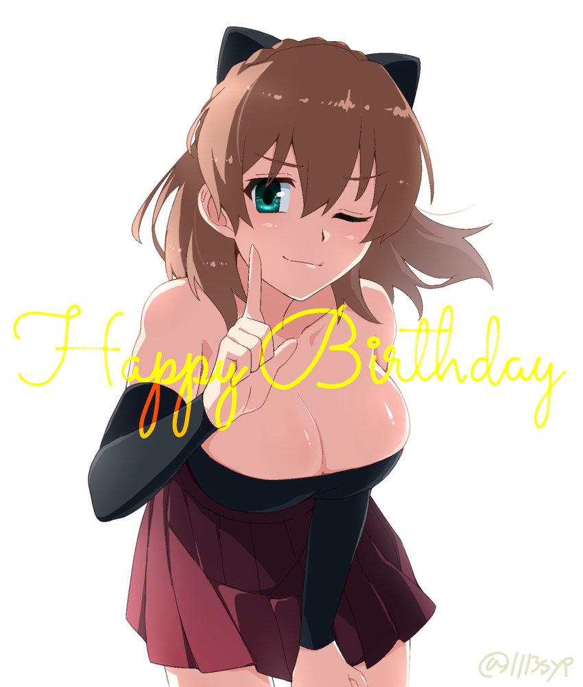 1113syp, 1girl, ;), animal_ears, aqua_eyes, assault_lily, bare_shoulders, black_sleeves