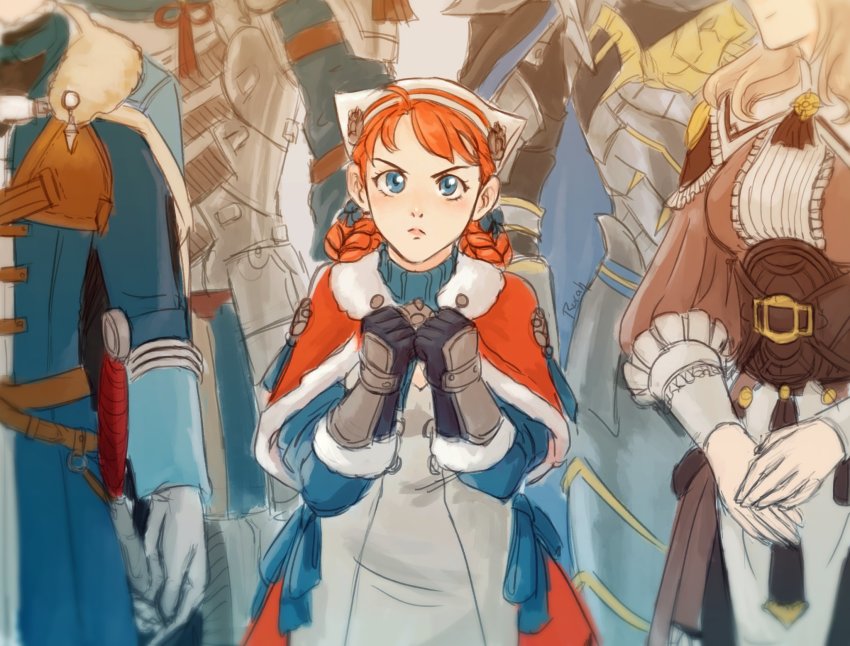 2girls, 3boys, annette_fantine_dominic, armor, blonde_hair, blue_eyes, braid, braided_hair_rings, cape, capelet, clenched_hands, dedue_molinaro, dimitri_alexandre_blaiddyd, felix_hugo_fraldarius, fire_emblem, fire_emblem:_three_houses, fire_emblem_warriors:_three_hopes, gloves, hair_rings, head_out_of_frame, headscarf, highres, lilithcosa, mercedes_von_martritz, multiple_boys, multiple_girls, nintendo, orange_hair, sword, weapon, white_gloves