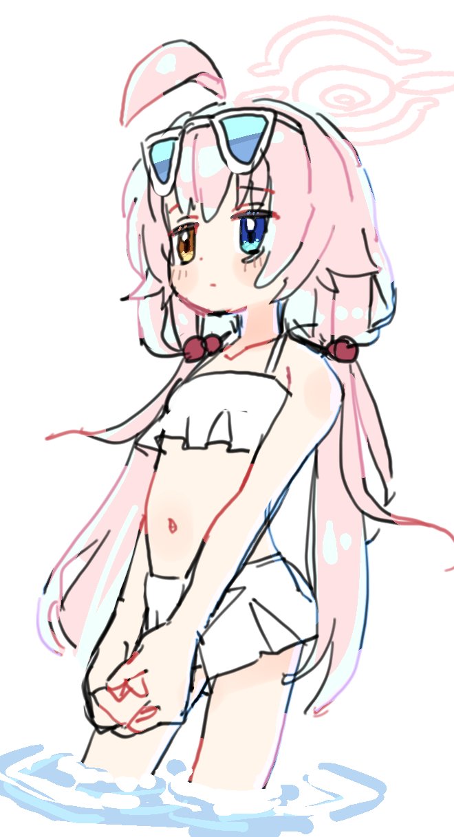 1girl, ahoge, bare_arms, bare_shoulders, bikini, blue-tinted_eyewear, blue_archive, blue_eyes, blush_stickers, brown_eyes, closed_mouth, collarbone, commentary_request, earrings, eyewear_on_head, frilled_bikini, frills, hair_bobbles, hair_ornament, halo, heterochromia, highres, hoshino_(blue_archive), hoshino_(swimsuit)_(blue_archive), interlocked_fingers, jewelry, looking_away, low_twintails, navel, own_hands_together, pink_hair, sanzui, sketch, solo, standing, sunglasses, swimsuit, tinted_eyewear, twintails, water, white-framed_eyewear, white_background, white_bikini