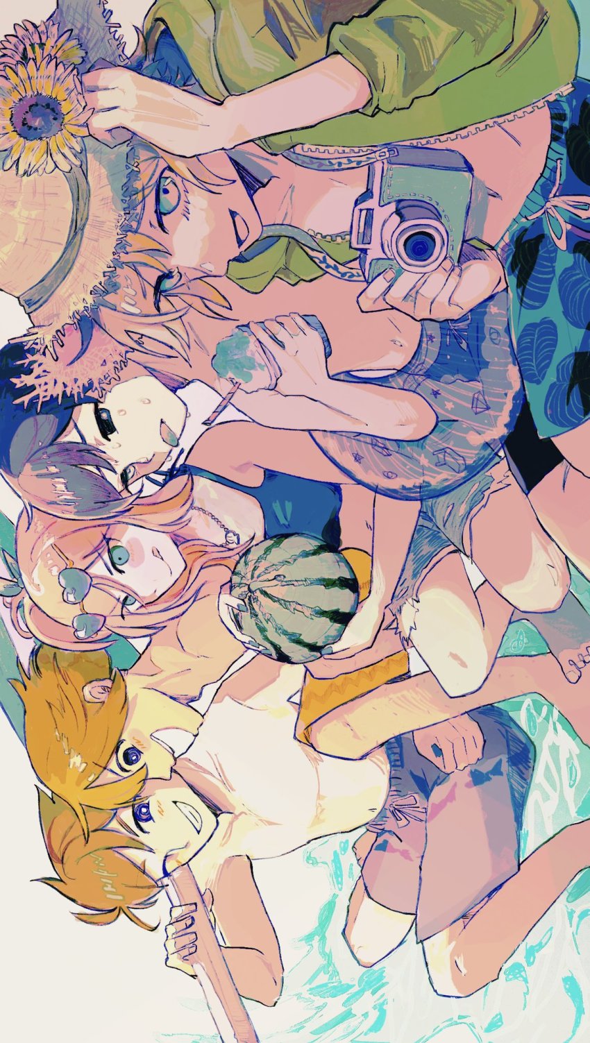 1girl, 4boys, aubrey_(faraway)_(omori), aubrey_(omori), bare_shoulders, barefoot, basil_(faraway)_(omori), basil_(omori)