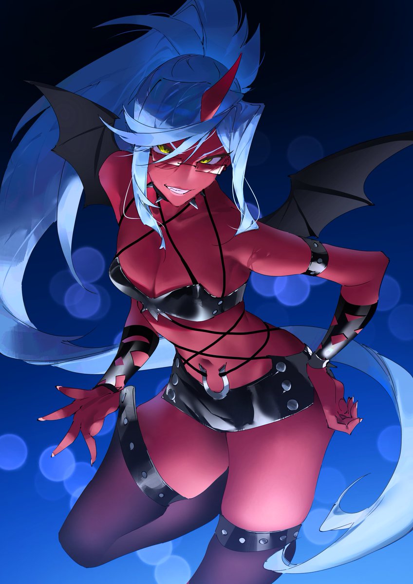 1girl, armband, bare_shoulders, black_armband, black_socks, black_tail, black_thighhighs, blue_background